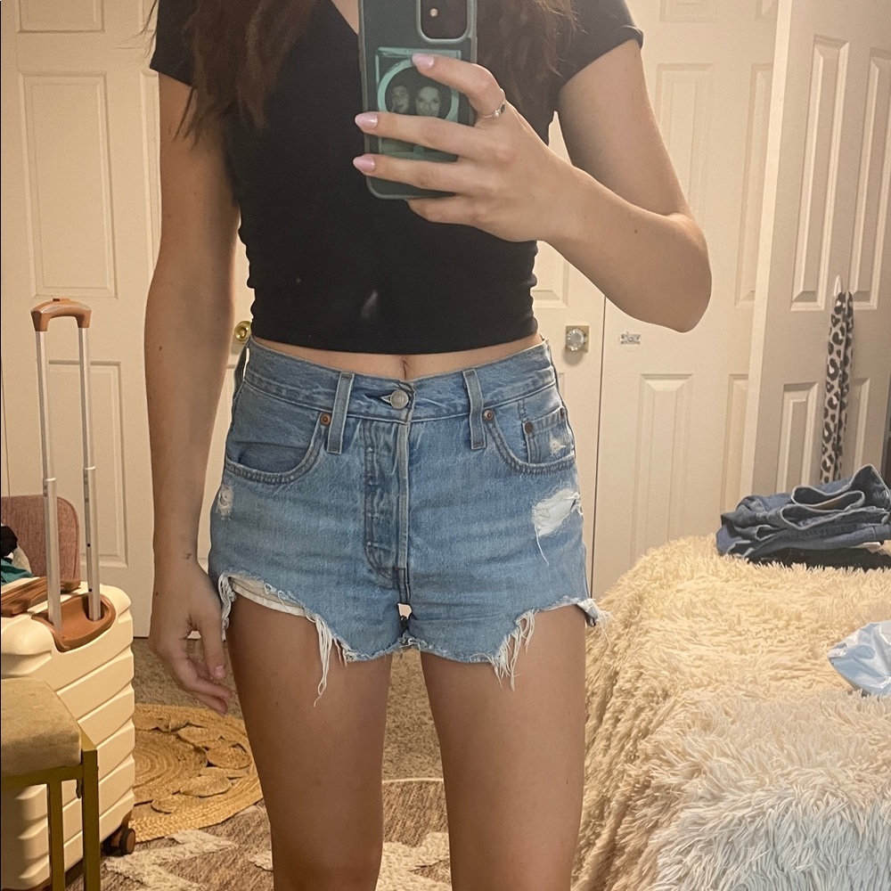 Levi's Black Top and Blue Denim Shorts